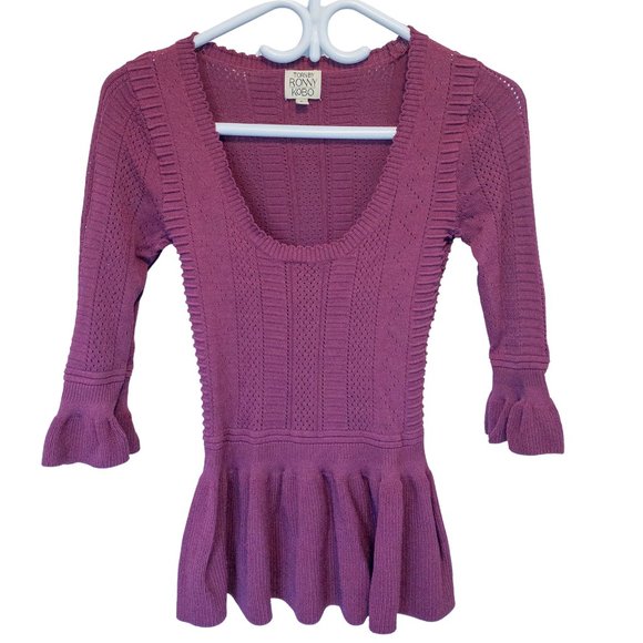 Torn by Ronny Kobo 'Kimberly' Peplum Crochet Style Knit Top Small - Picture 3 of 9